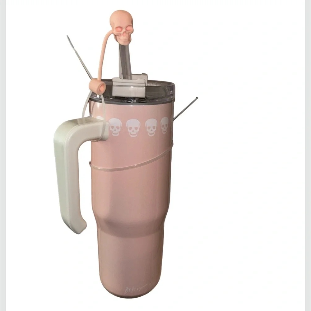 BETSEY JOHNSON PEACH & WHITE CHECKERED SKULL LUNCH BAG & SKULL TUMBLER SET NWT - Picture 3 of 12